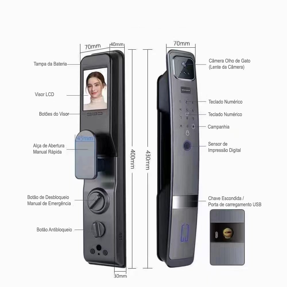 Fechadura Digital Inteligente Biométrica Senha Wi-fi Cartão SA-FDH20