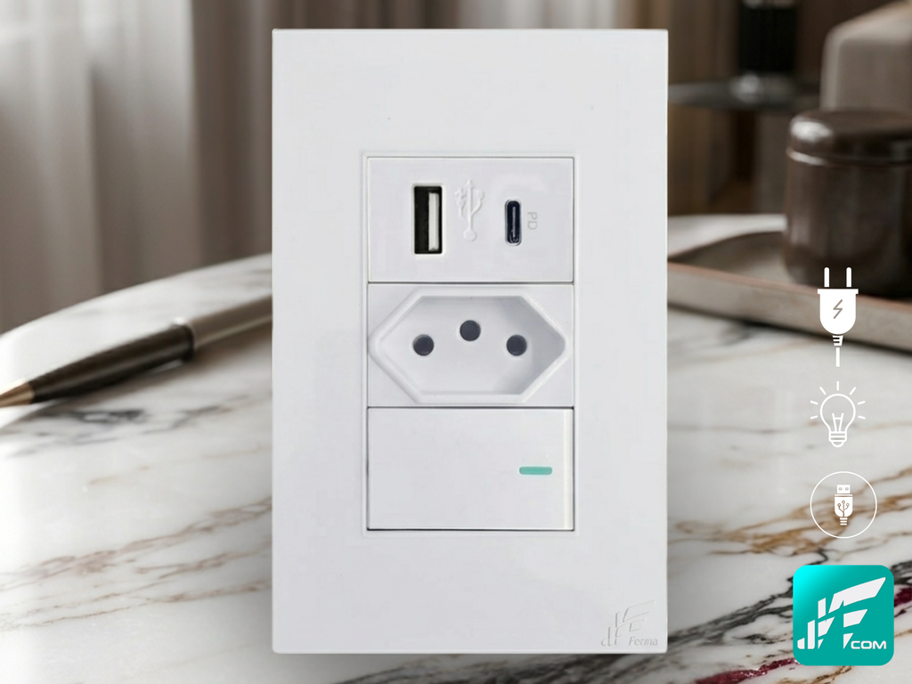 Conjunto de Tomada 10A com USB, USB-C e Interruptor em Cores SU-513