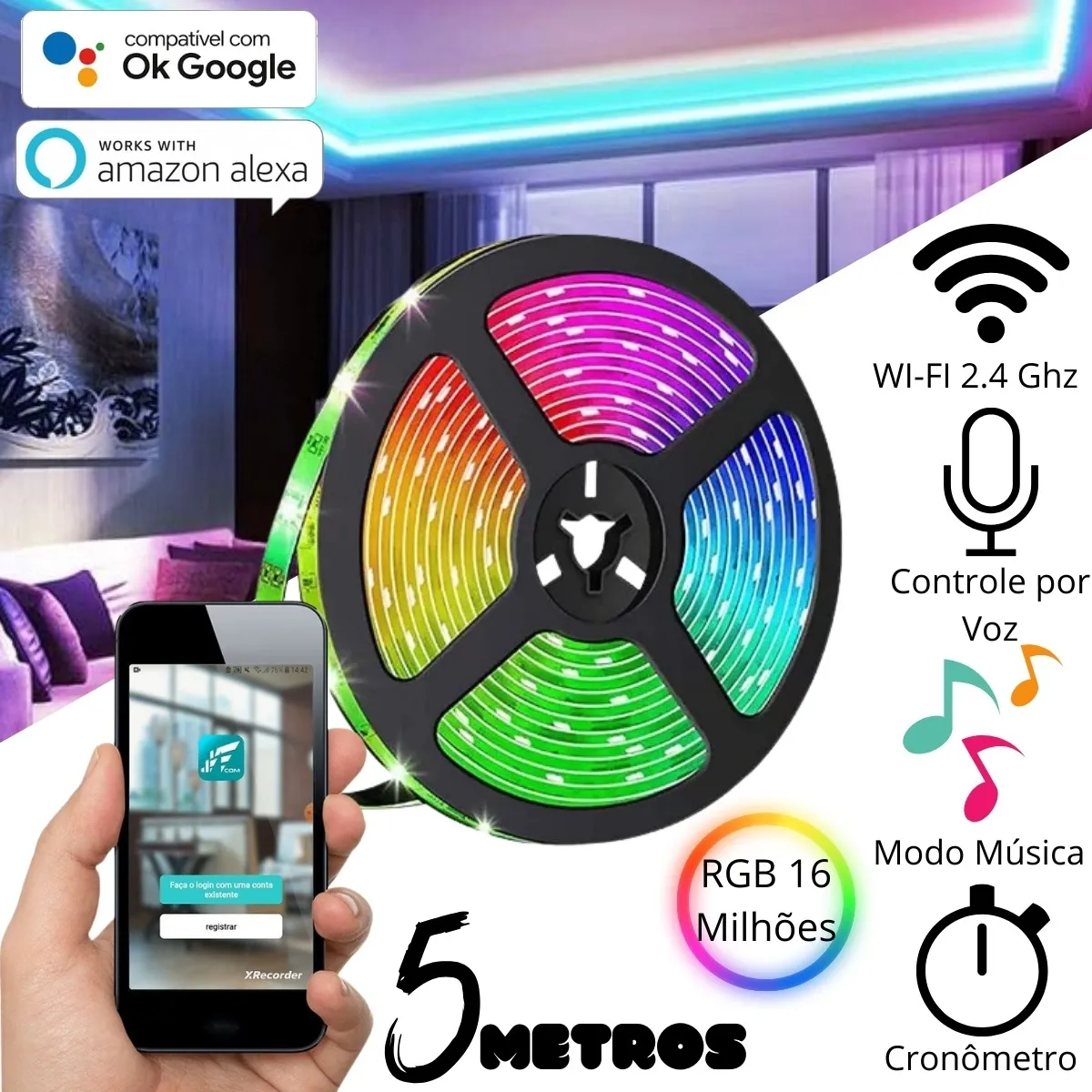 Fita Led Rgb Inteligente 5050 Smart Wifi 5m + Fonte Alexa Rgb - Imagem 3
