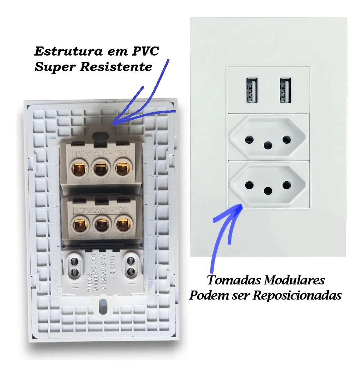 Tomada Dupla USB Embutir Bivolt Jwcom 10A 2 Saídas USB Branco - Imagem 4