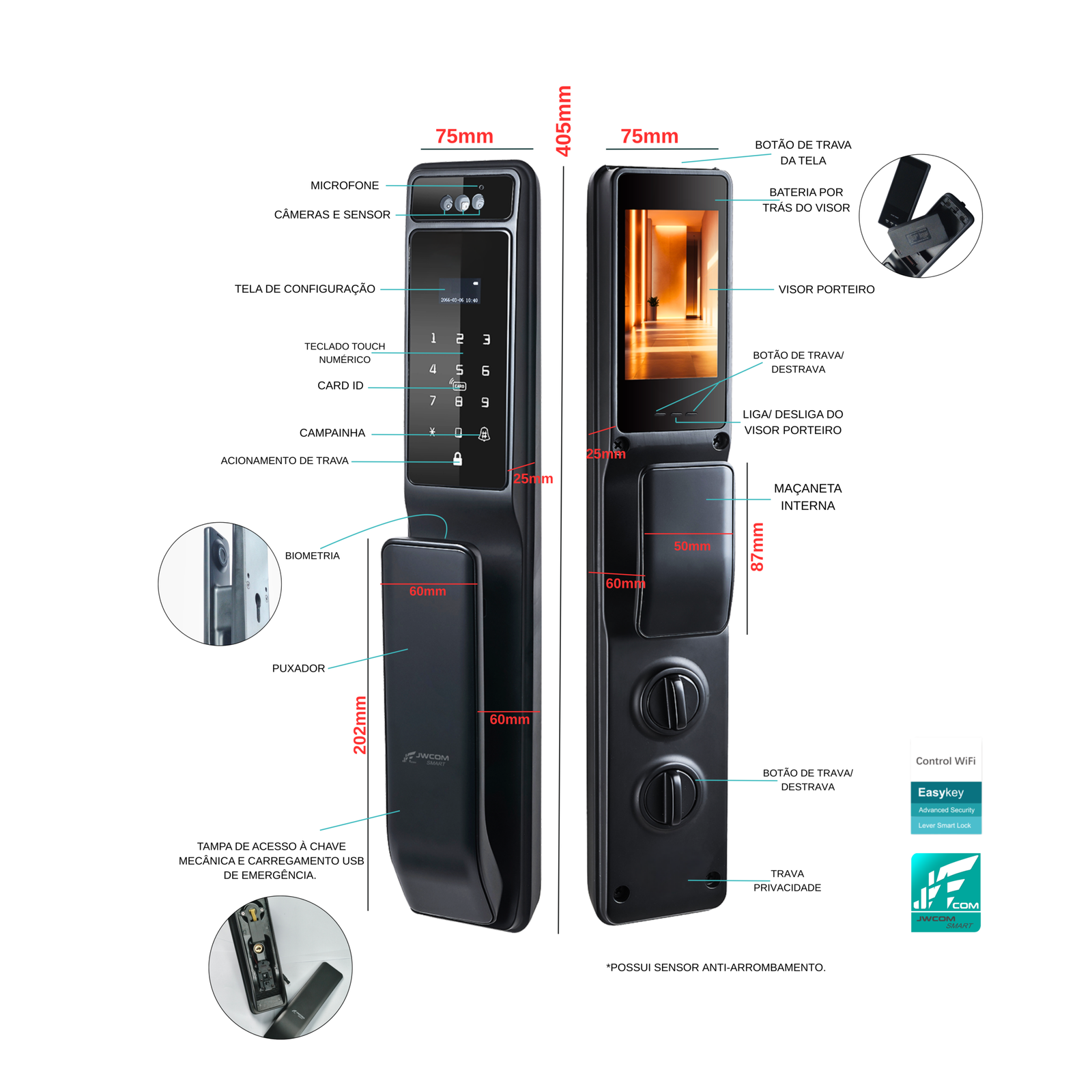 Fechadura Digital Jwcom Smart Wifi Biometria Facial H80 Preta - Imagem 3
