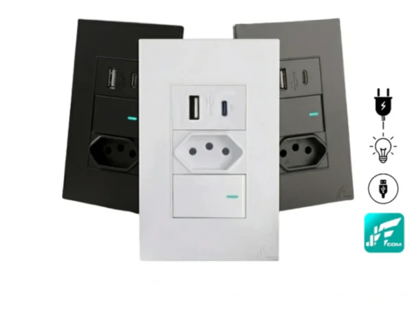 Conjunto de Tomada 10A com USB, USB-C e Interruptor em Cores SU-513
